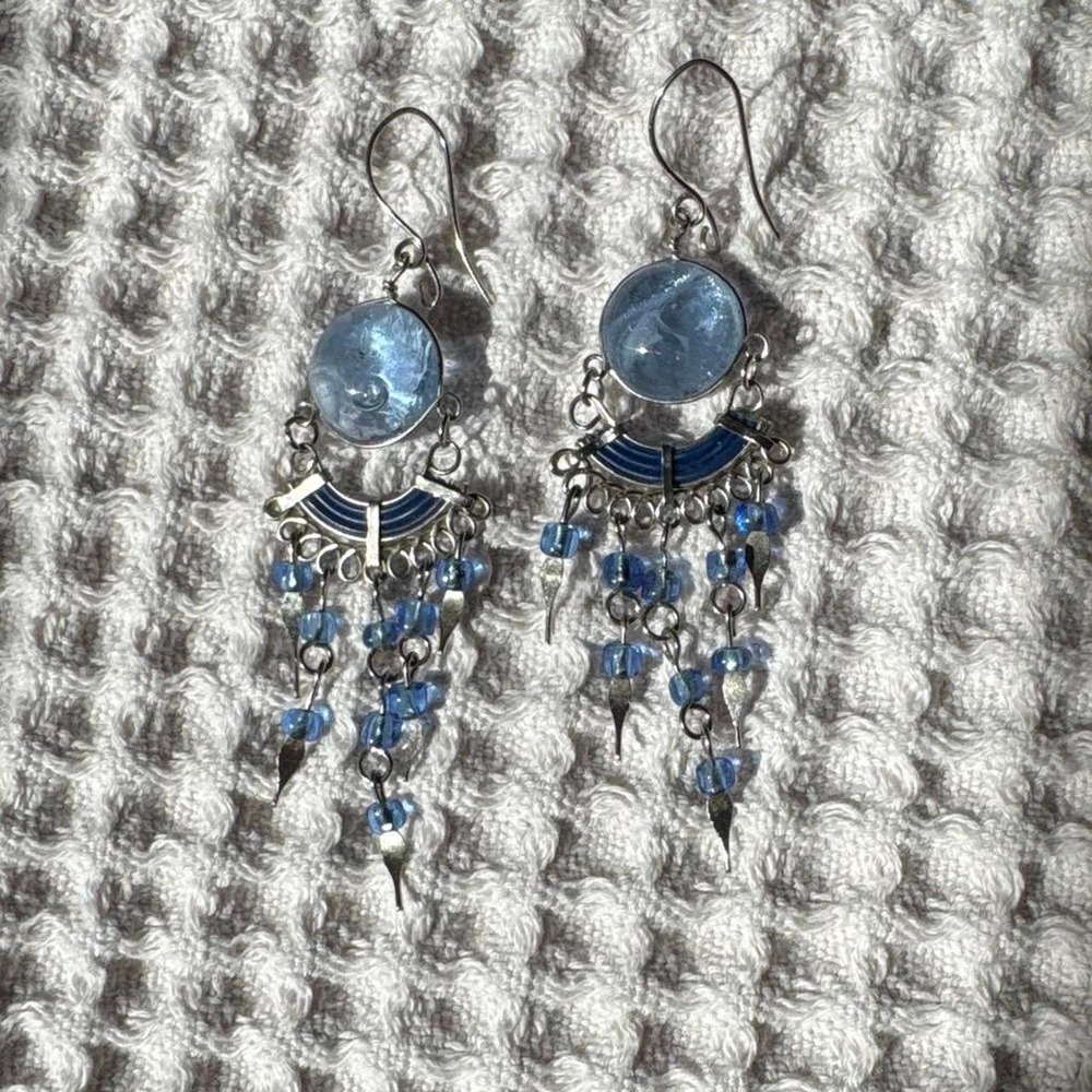Cobalt blue glass beads and silver earrings with beaded fringe